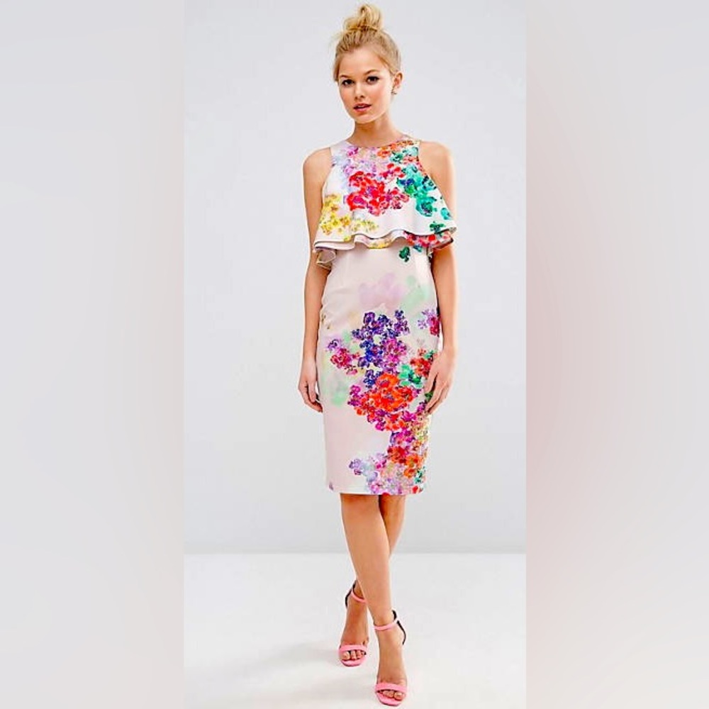 ASOS Double Ruffle Floral Crop Top Midi Pencil Dress